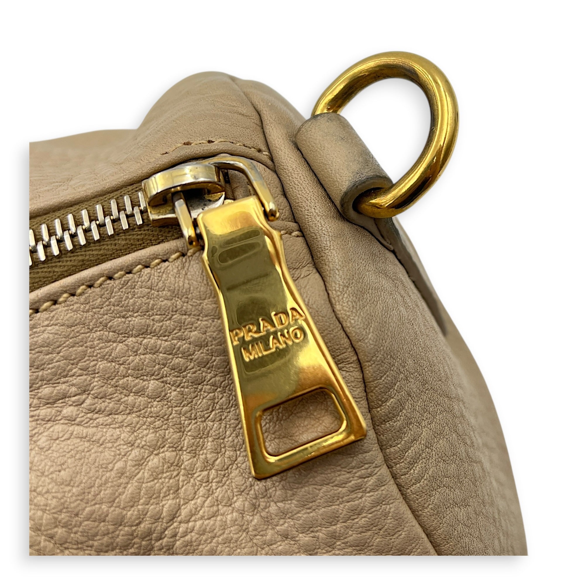 Logo Top Handle Bag Beige in Calfskin, Gold hardware