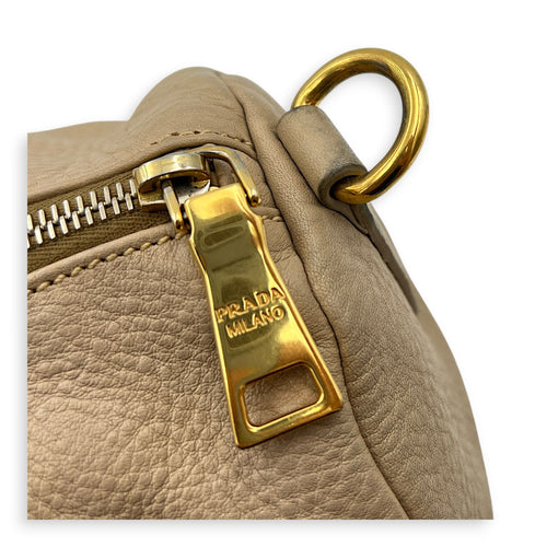 Logo Top Handle Bag Beige in Calfskin, Gold hardware