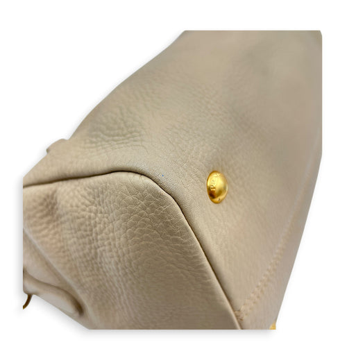 Logo Top Handle Bag Beige in Calfskin, Gold hardware