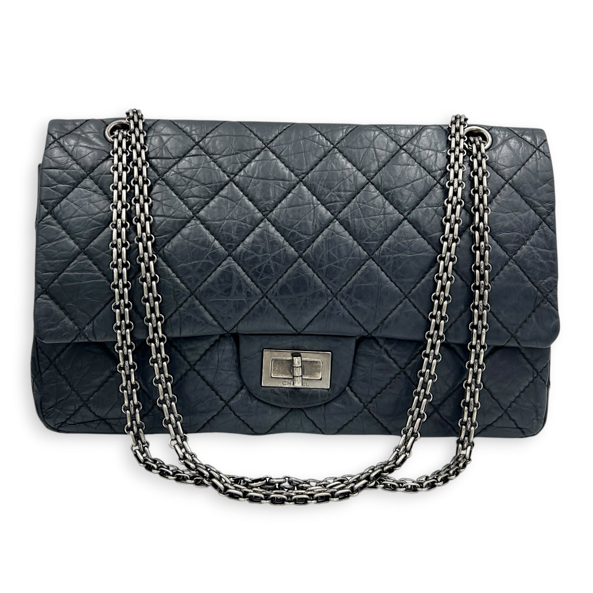 2.55 Shoulder Bag Grey in Distressed Leather, Ruthenium hardware