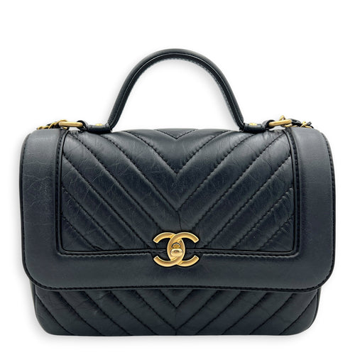 CC Chevron Black Top Handle Bag in Calfskin, Gold hardware