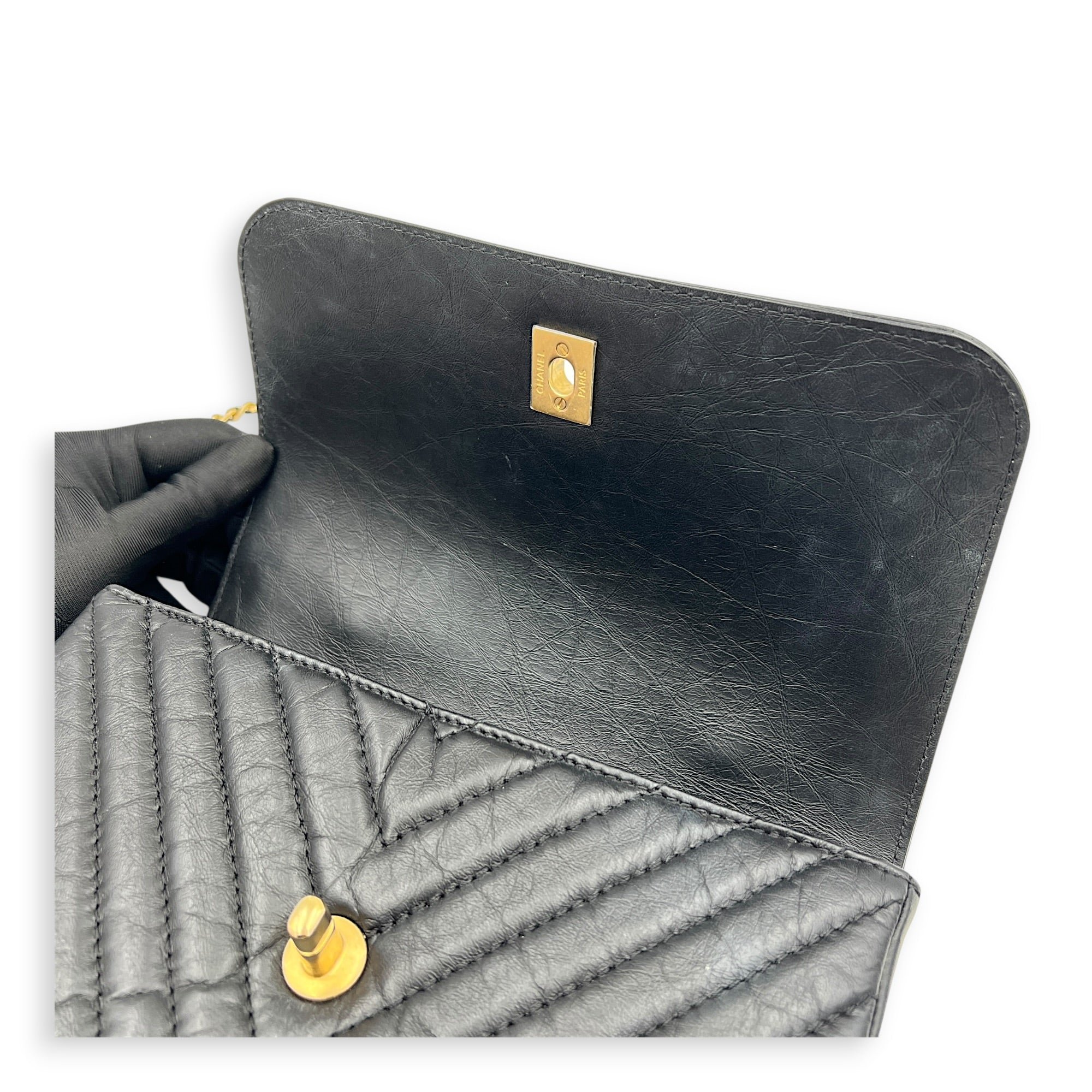 CC Chevron Black Top Handle Bag in Calfskin, Gold hardware