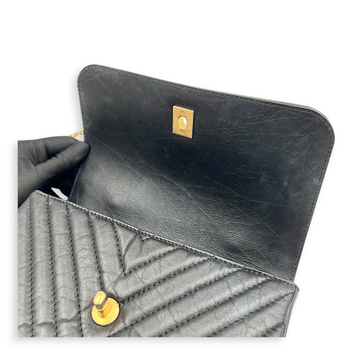CC Chevron Black Top Handle Bag in Calfskin, Gold hardware