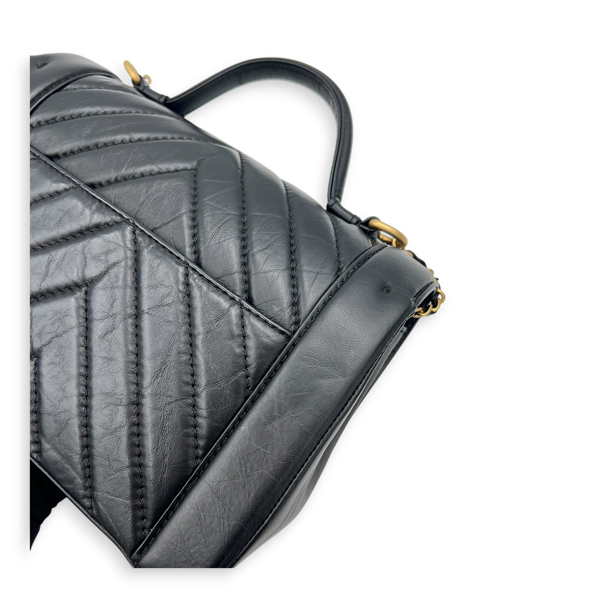 CC Chevron Black Top Handle Bag in Calfskin, Gold hardware