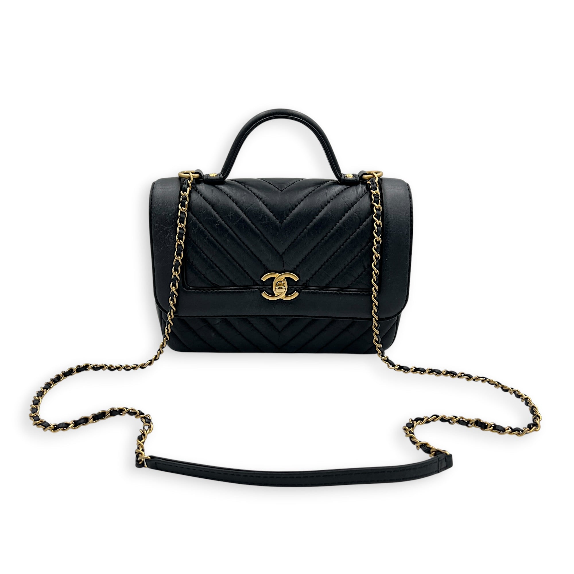 CC Chevron Black Top Handle Bag in Calfskin, Gold hardware