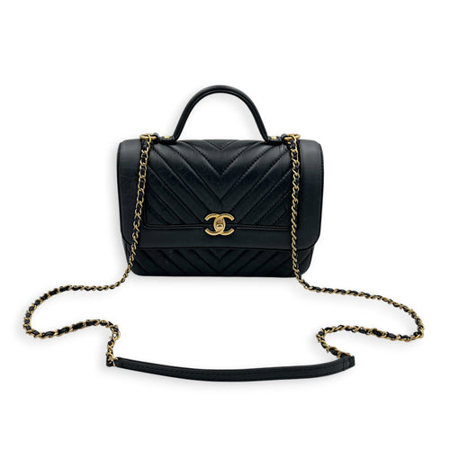 CC Chevron Black Top Handle Bag in Calfskin, Gold hardware