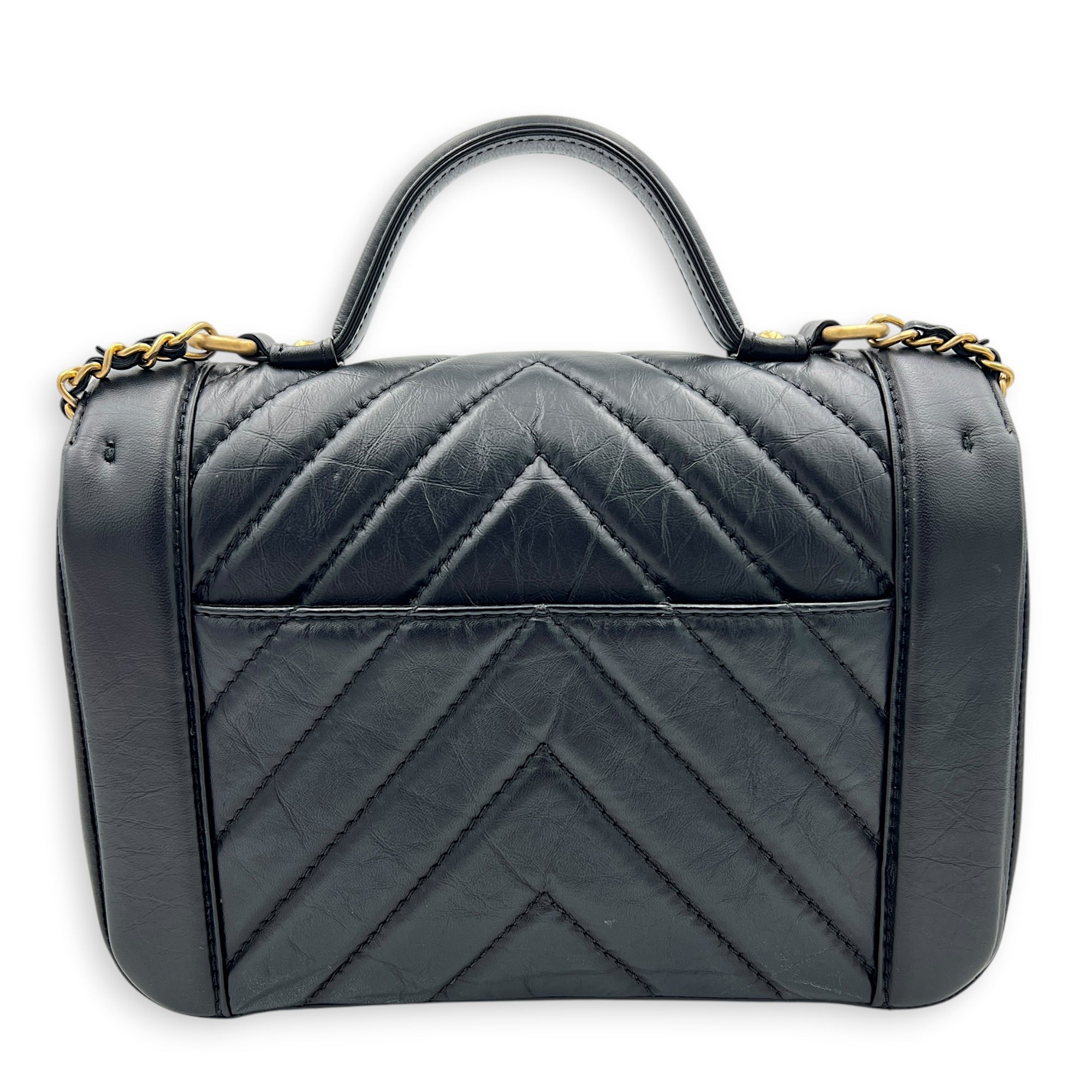 CC Chevron Black Top Handle Bag in Calfskin, Gold hardware