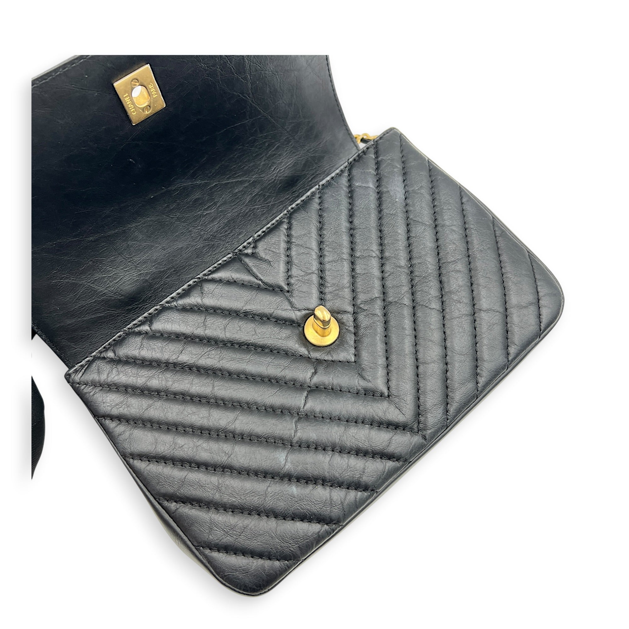 CC Chevron Black Top Handle Bag in Calfskin, Gold hardware