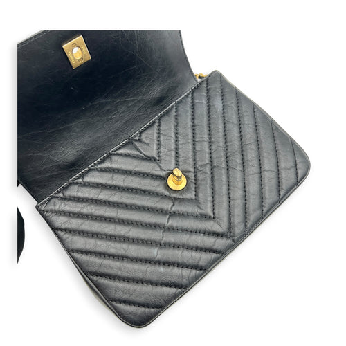 CC Chevron Black Top Handle Bag in Calfskin, Gold hardware