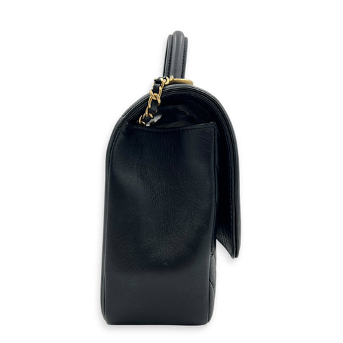 CC Chevron Black Top Handle Bag in Calfskin, Gold hardware