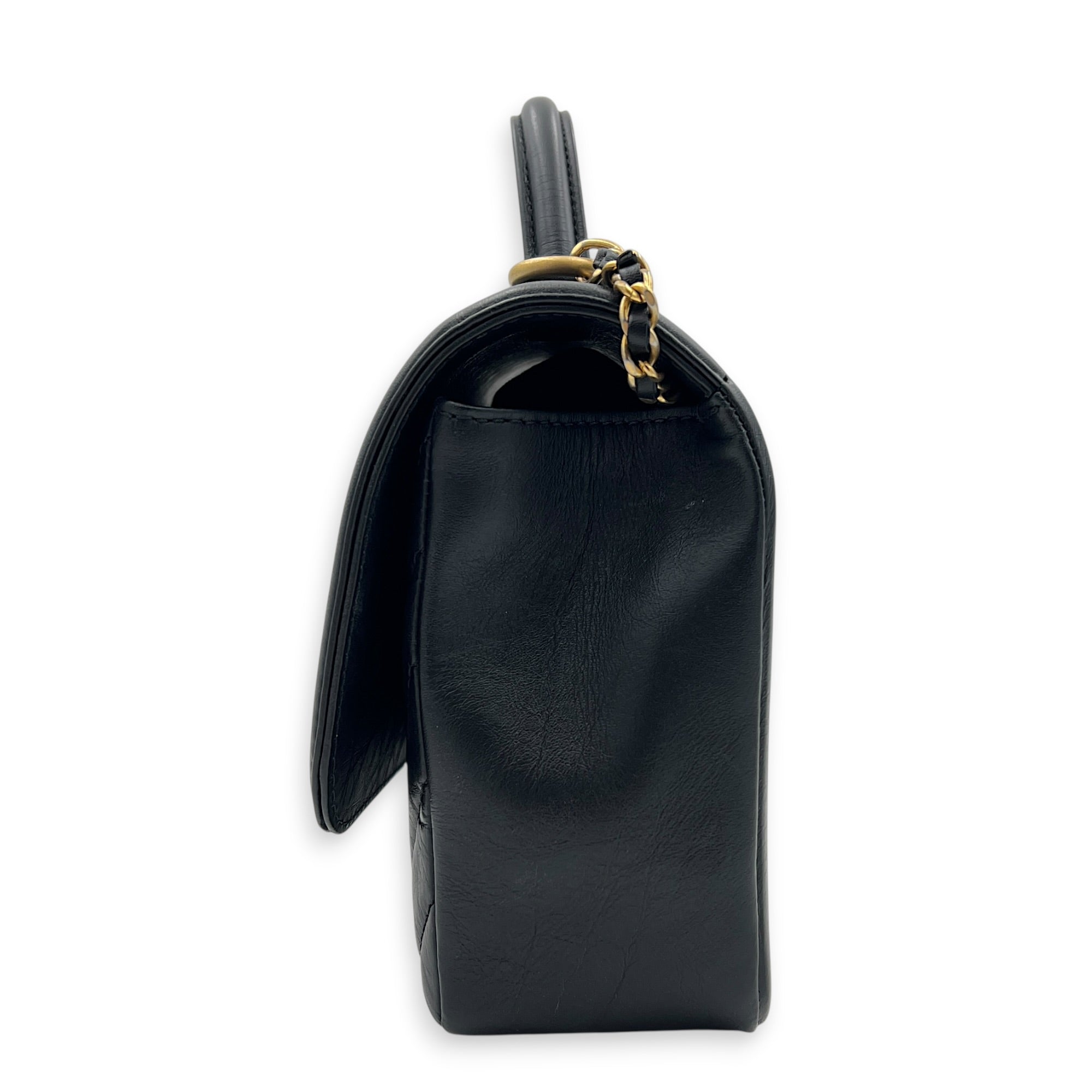 CC Chevron Black Top Handle Bag in Calfskin, Gold hardware