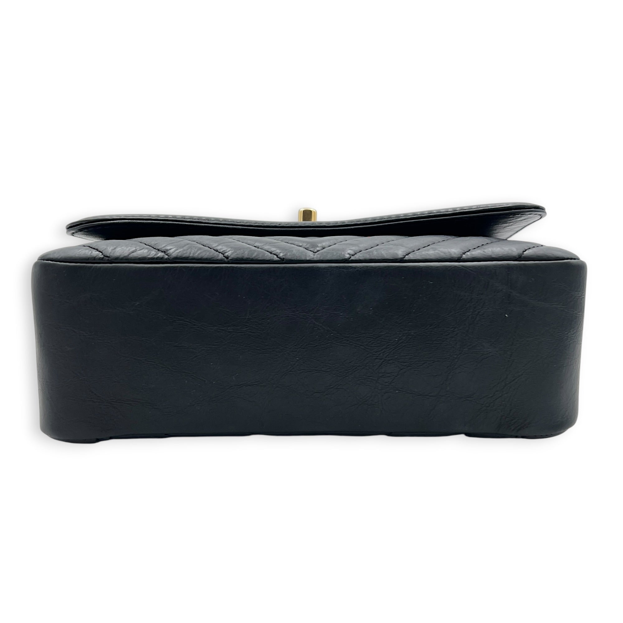CC Chevron Black Top Handle Bag in Calfskin, Gold hardware