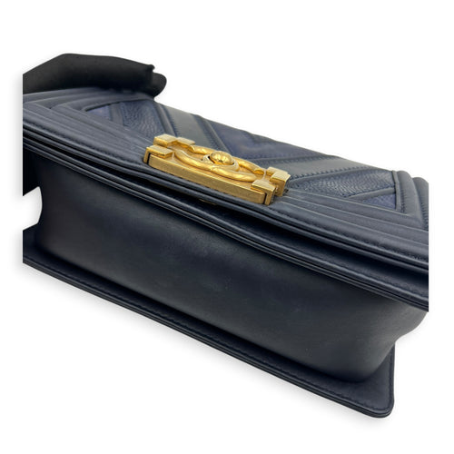 Boy Small Seasonal Chevron Blue Shoulder Bag in Calfskin, Gold hardware