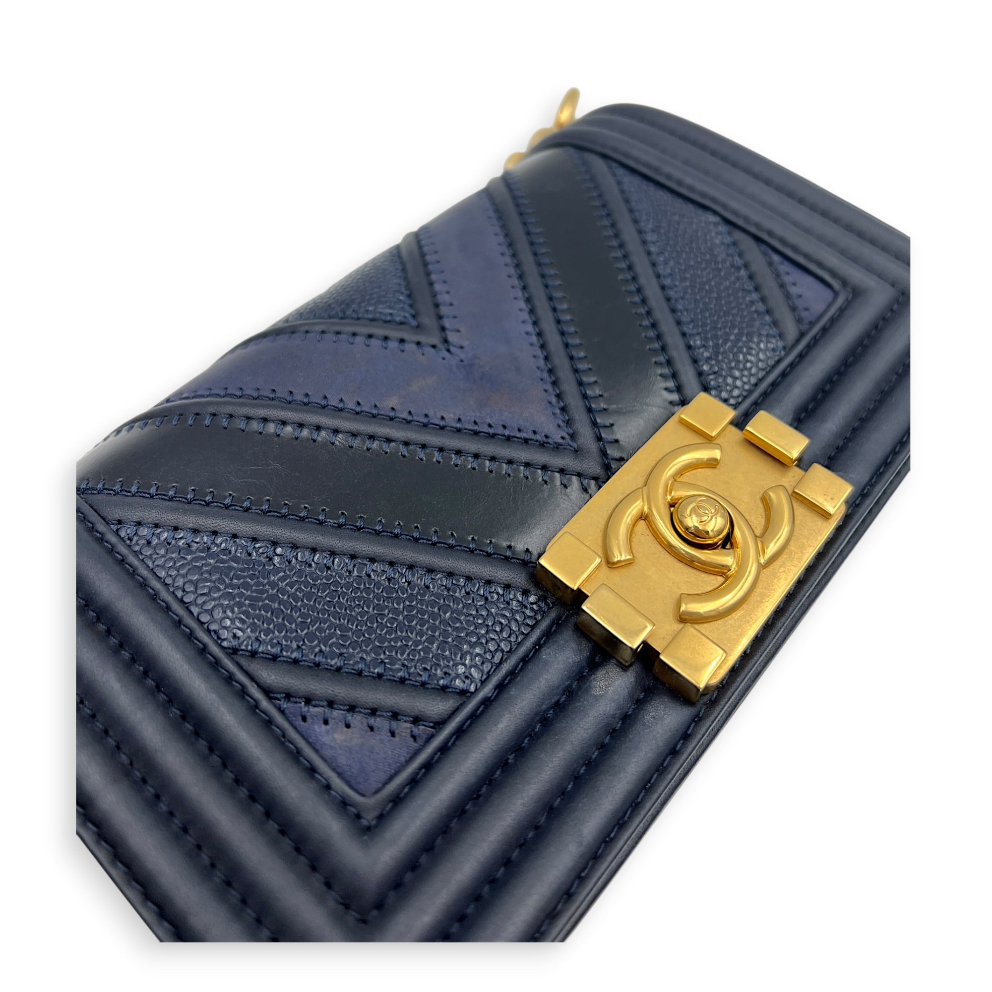 Boy Small Seasonal Chevron Blue Shoulder Bag in Calfskin, Gold hardware