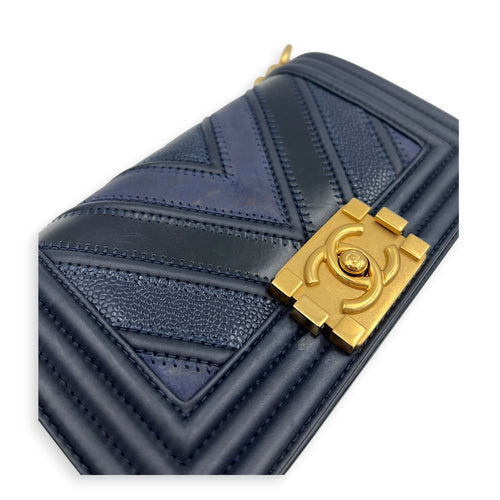 Boy Small Seasonal Chevron Blue Shoulder Bag in Calfskin, Gold hardware