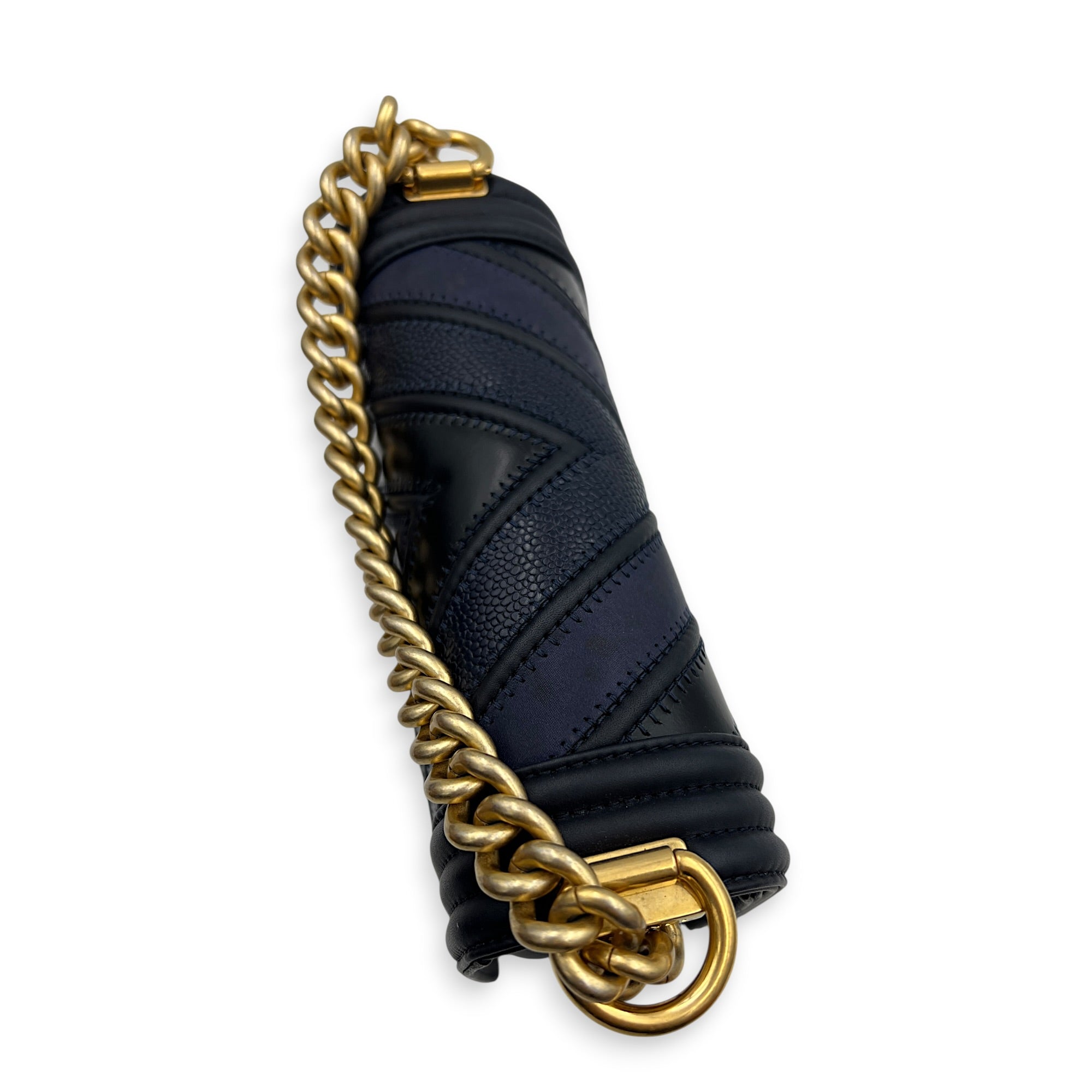 Boy Small Seasonal Chevron Blue Shoulder Bag in Calfskin, Gold hardware
