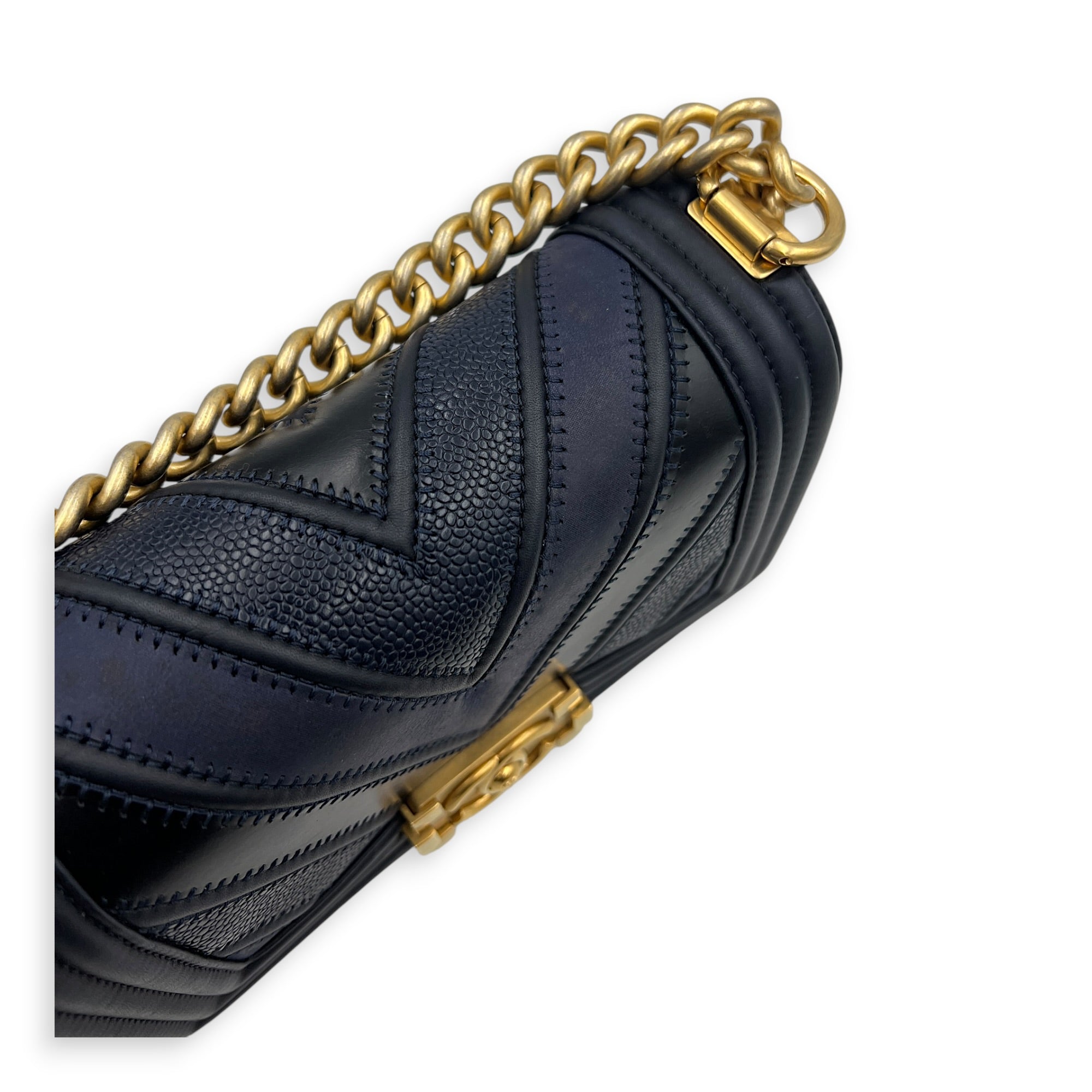 Boy Small Seasonal Chevron Blue Shoulder Bag in Calfskin, Gold hardware