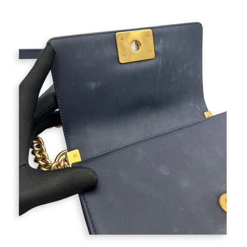 Boy Small Seasonal Chevron Blue Shoulder Bag in Calfskin, Gold hardware