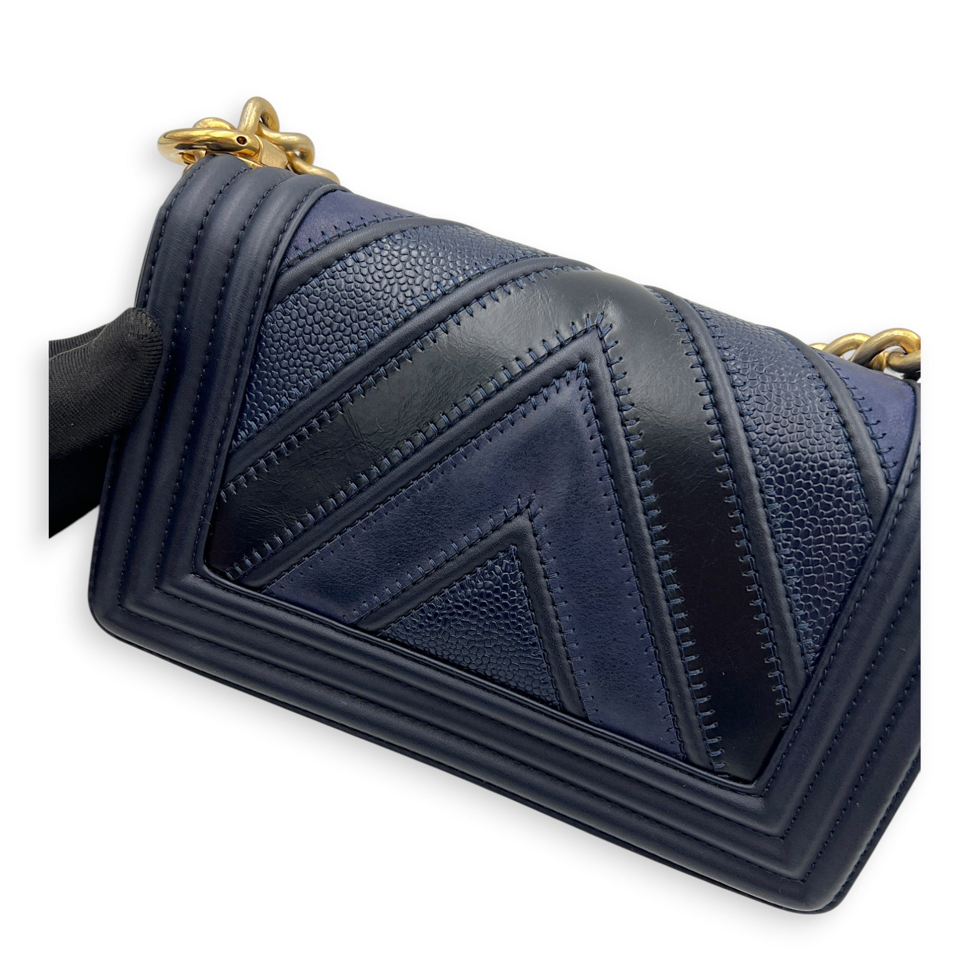 Boy Small Seasonal Chevron Blue Shoulder Bag in Calfskin, Gold hardware