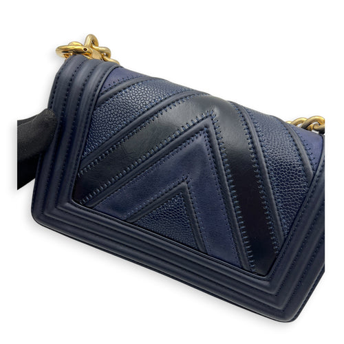 Boy Small Seasonal Chevron Blue Shoulder Bag in Calfskin, Gold hardware