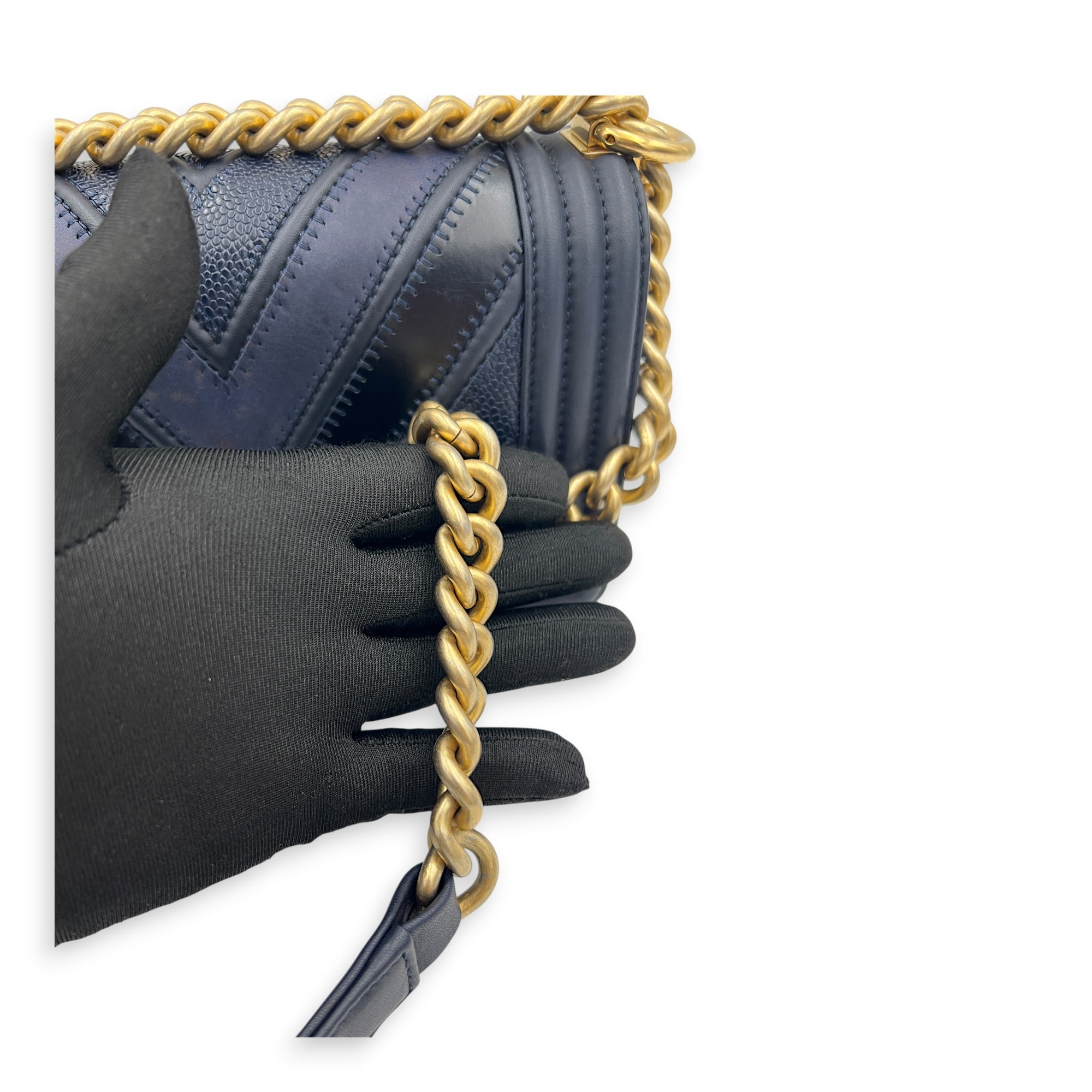 Boy Small Seasonal Chevron Blue Shoulder Bag in Calfskin, Gold hardware