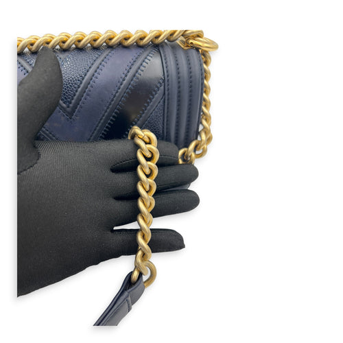 Boy Small Seasonal Chevron Blue Shoulder Bag in Calfskin, Gold hardware