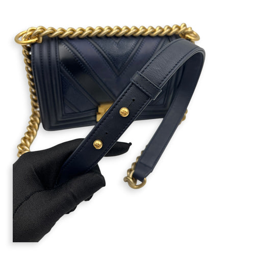 Boy Small Seasonal Chevron Blue Shoulder Bag in Calfskin, Gold hardware