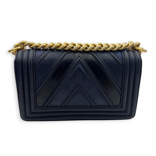 Boy Small Seasonal Chevron Blue Shoulder Bag in Calfskin, Gold hardware