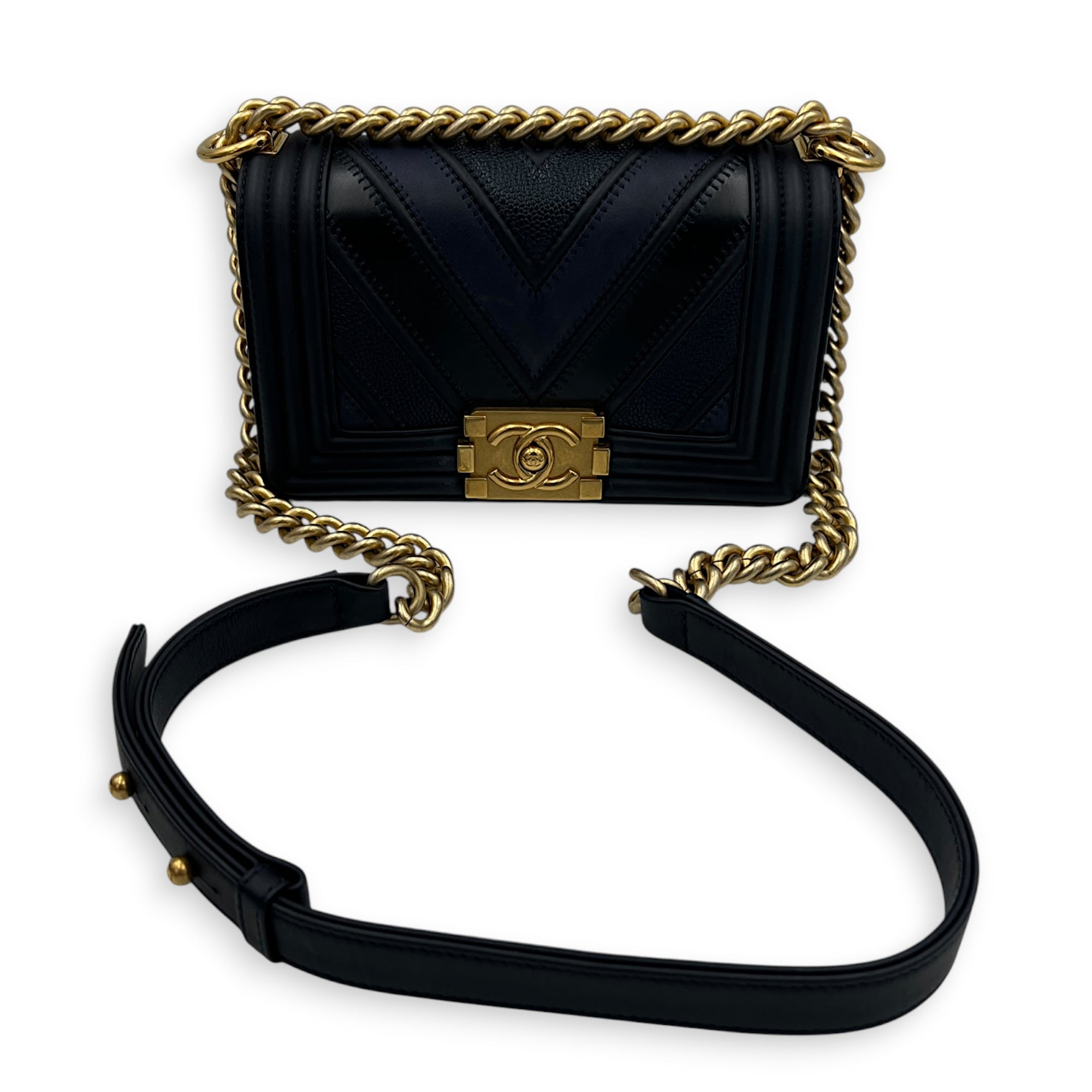 Boy Small Seasonal Chevron Blue Shoulder Bag in Calfskin, Gold hardware