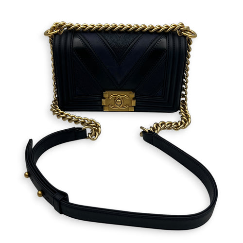 Boy Small Seasonal Chevron Blue Shoulder Bag in Calfskin, Gold hardware
