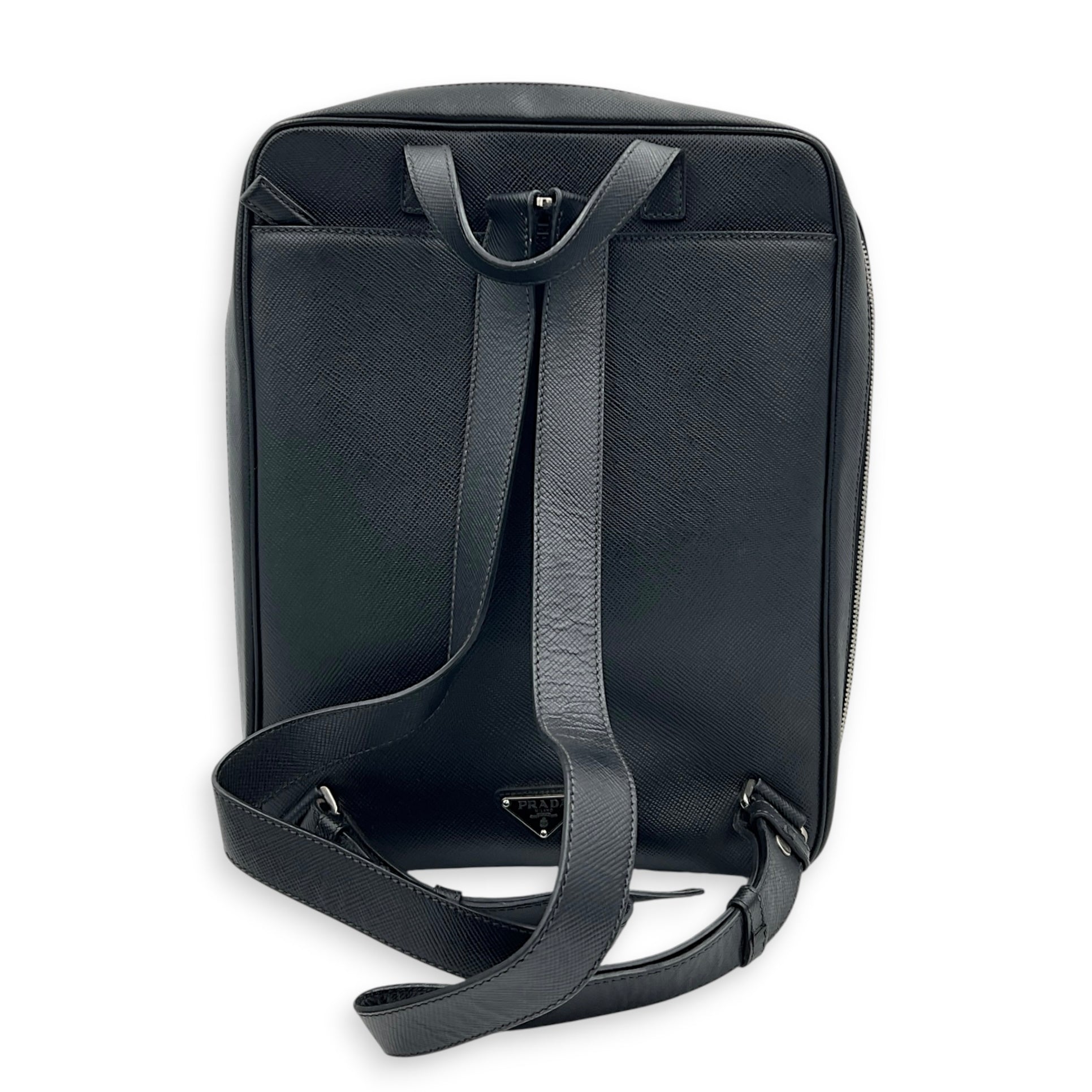 Logo Backpack Black in Saffiano Leather, Silver hardware