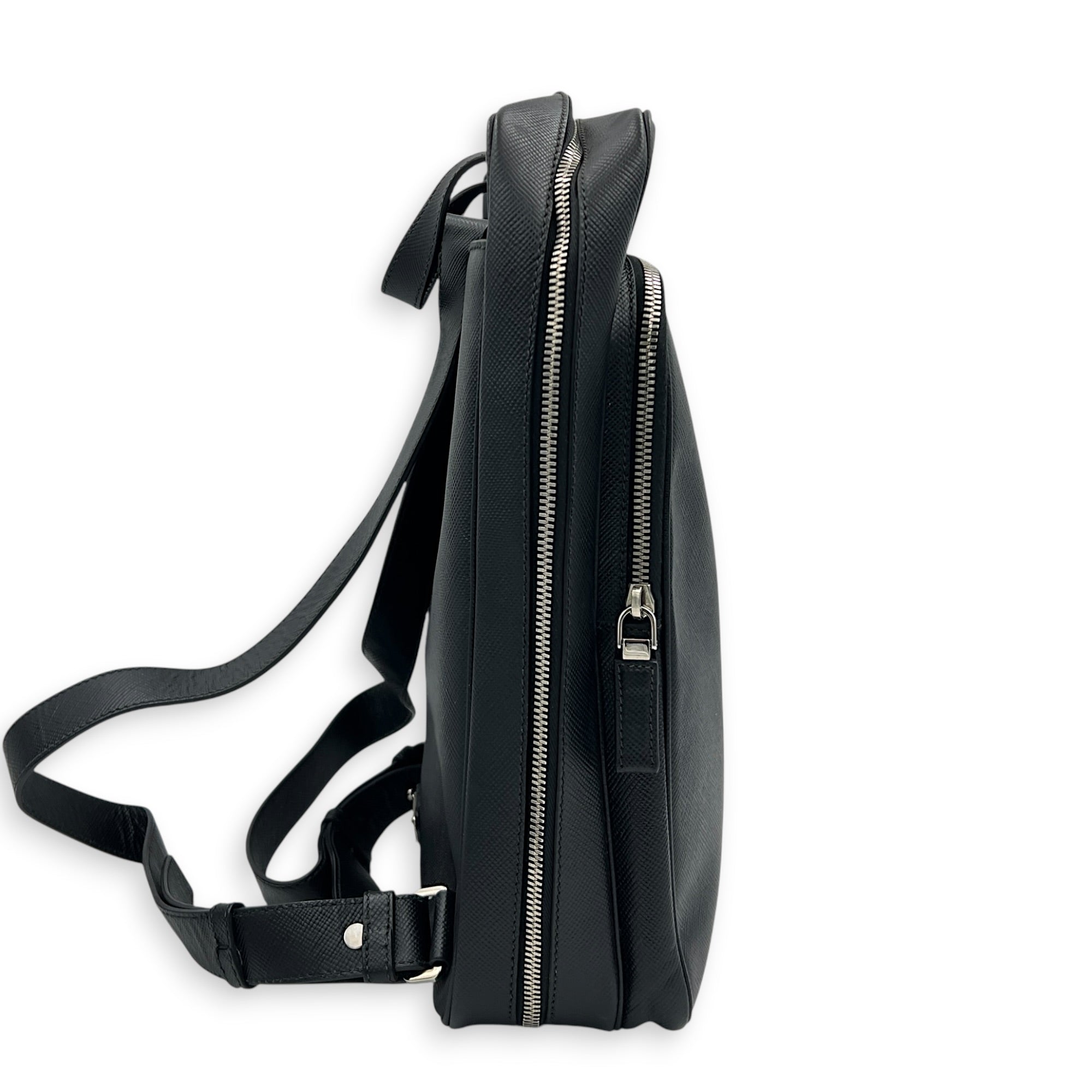 Logo Backpack Black in Saffiano Leather, Silver hardware