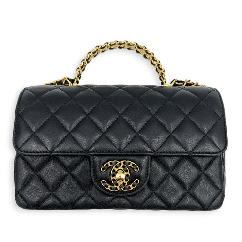 24C Rectangle Top Black Top Handle Bag in Lambskin, Gold hardware