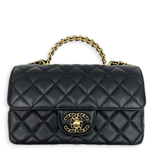 24C Rectangle Top Black Top Handle Bag in Lambskin, Gold hardware