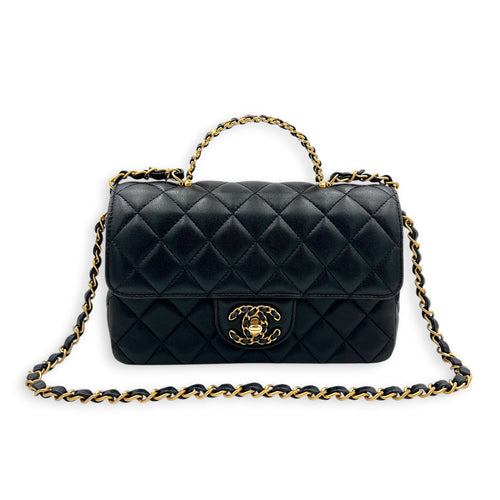 24C Rectangle Top Black Top Handle Bag in Lambskin, Gold hardware