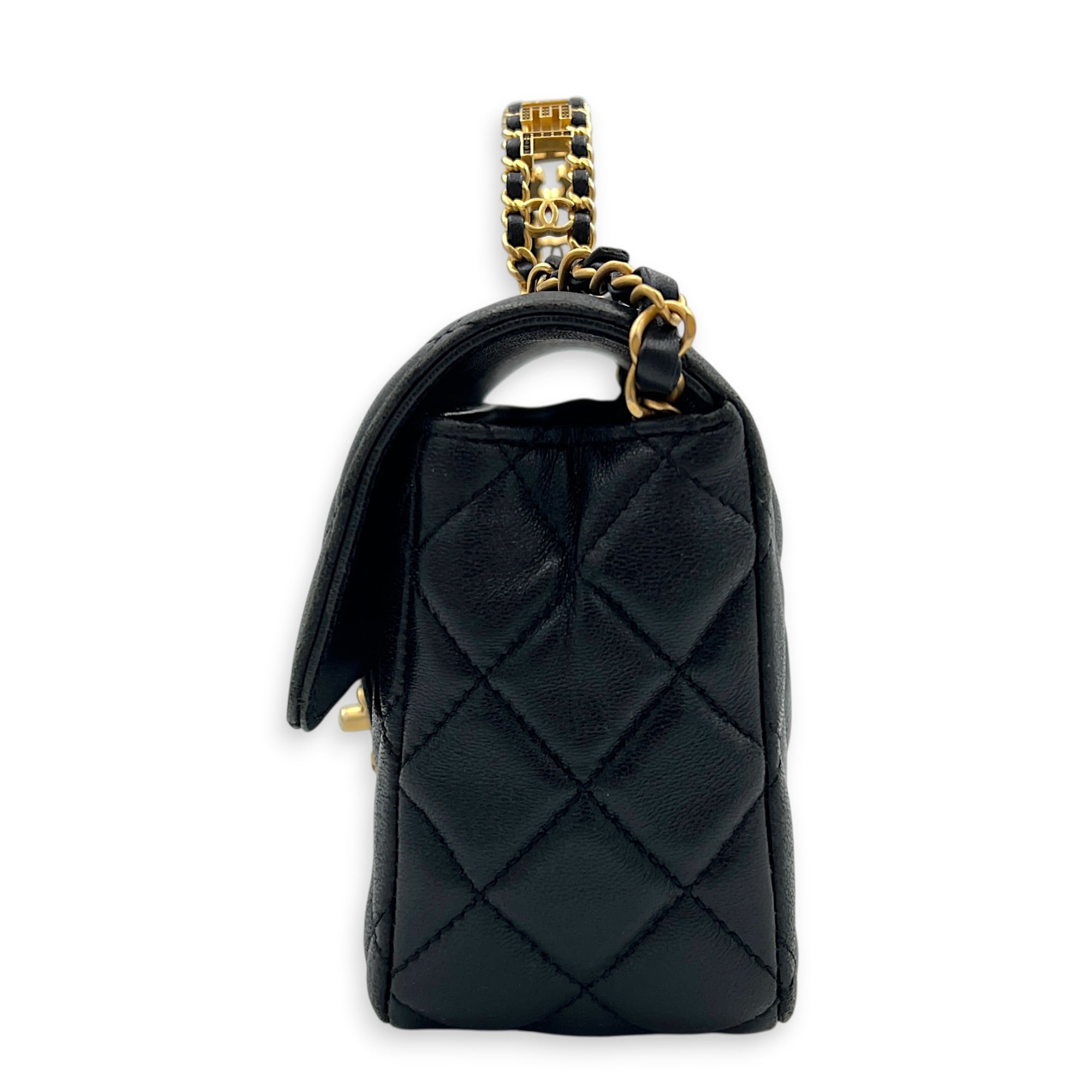 24C Rectangle Top Black Top Handle Bag in Lambskin, Gold hardware