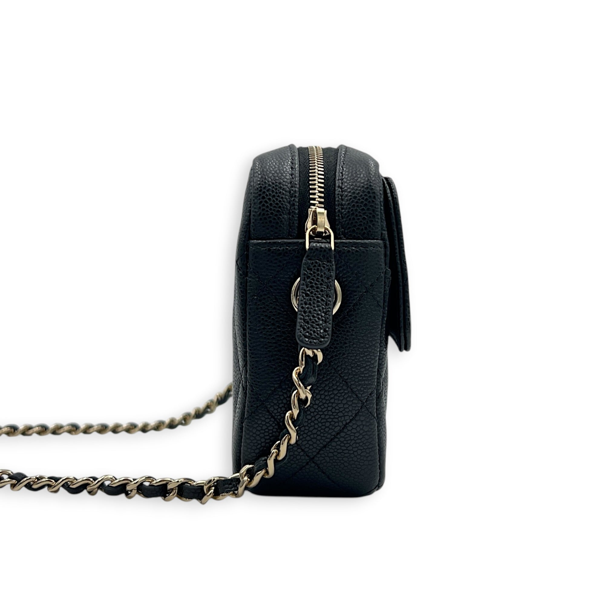 25C Camera Black Crossbody Bag in Caviar Leather, Gold hardware