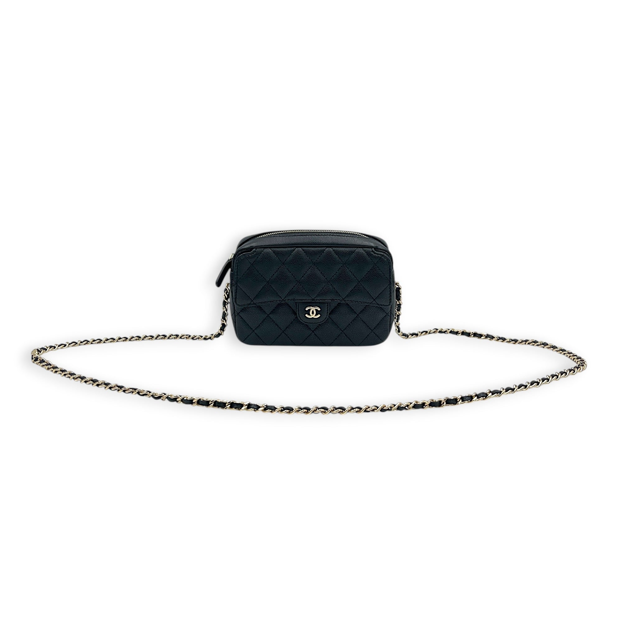 25C Camera Black Crossbody Bag in Caviar Leather, Gold hardware