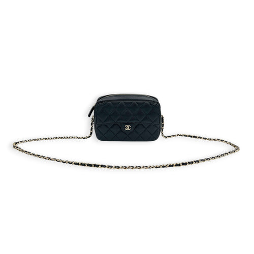 25C Camera Black Crossbody Bag in Caviar Leather, Gold hardware