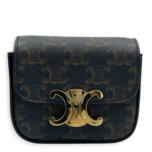 Triomphe Claude Mini Tan Crossbody Bag in Coated Canvas, Gold hardware