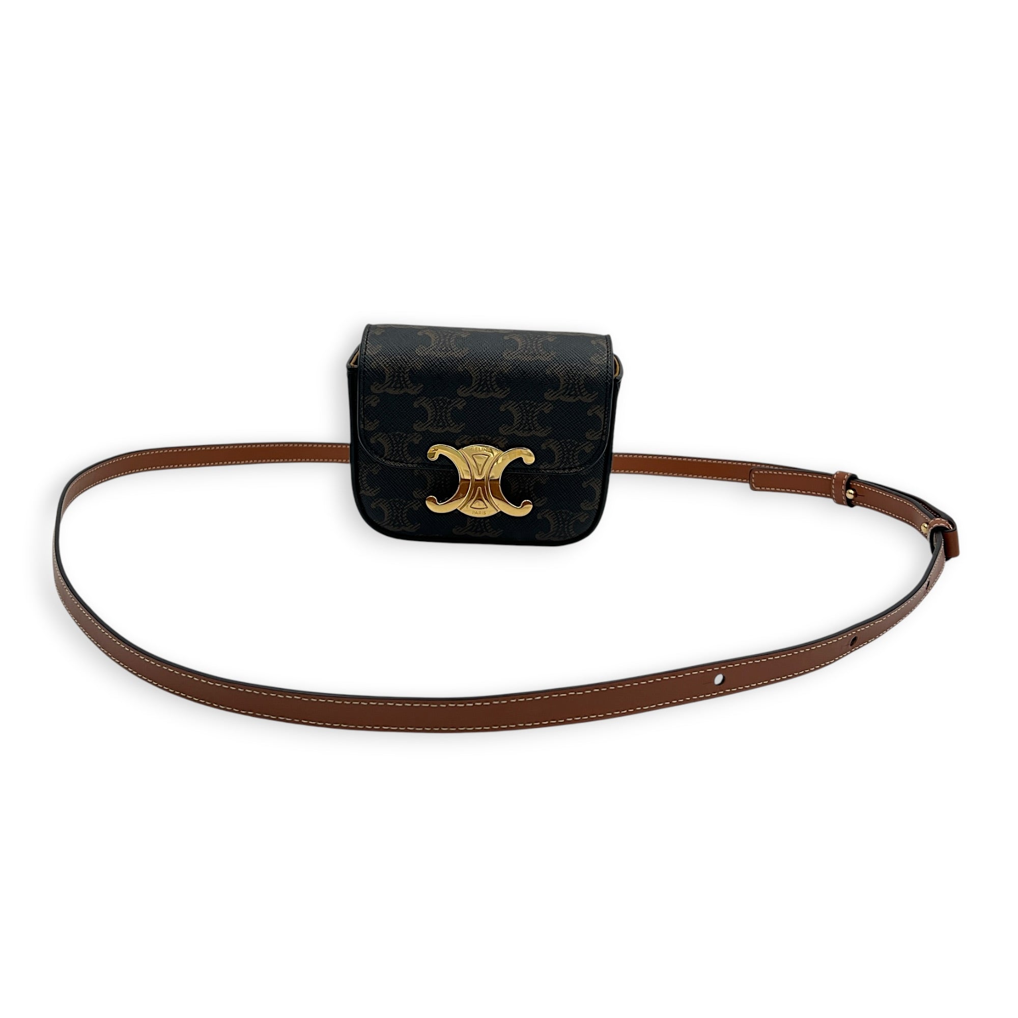 Triomphe Claude Mini Tan Crossbody Bag in Coated Canvas, Gold hardware
