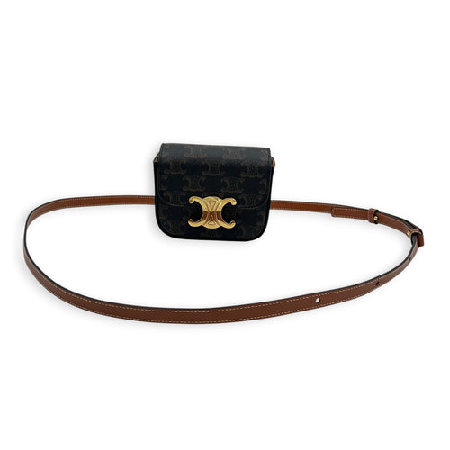 Triomphe Claude Mini Tan Crossbody Bag in Coated Canvas, Gold hardware