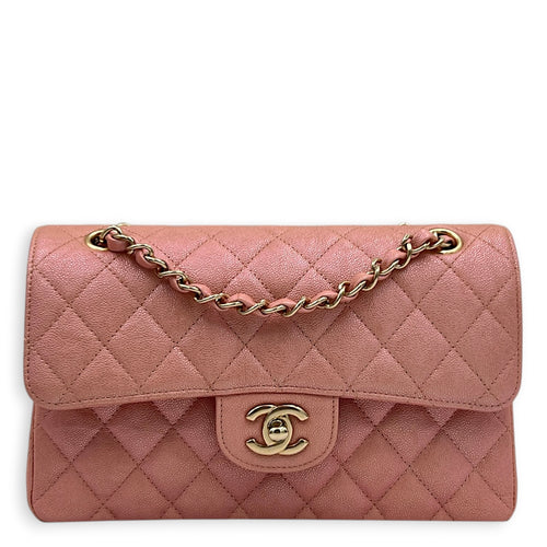 Classic Double Flap Small Iridescent Pink Shoulder Bag in Caviar Leather, Gold hardware