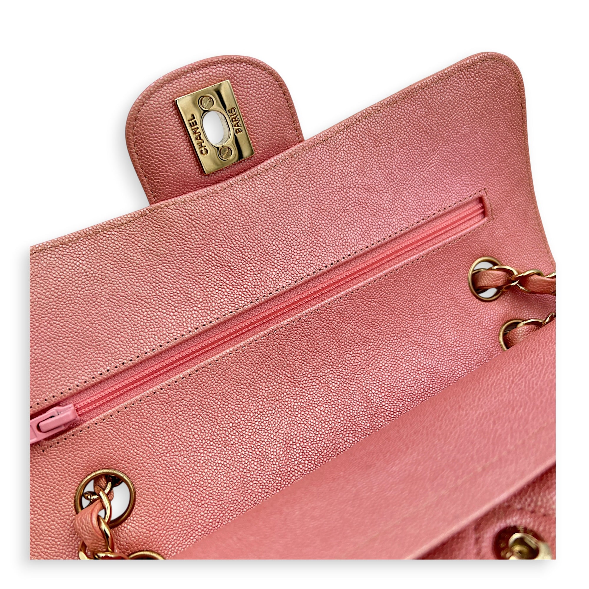 Classic Double Flap Small Iridescent Pink Shoulder Bag in Caviar Leather, Gold hardware