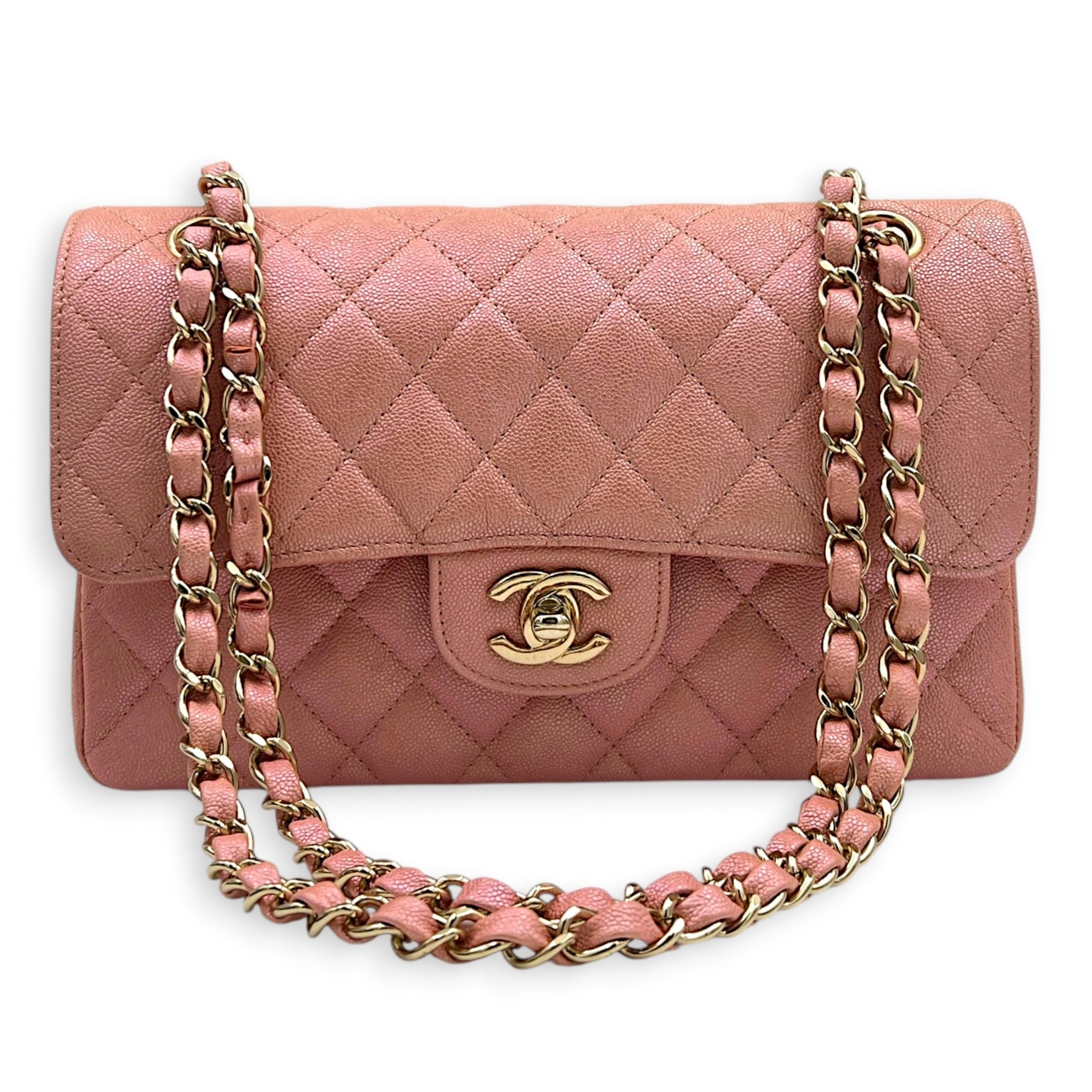 Classic Double Flap Small Iridescent Pink Shoulder Bag in Caviar Leather, Gold hardware