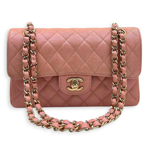 Classic Double Flap Small Iridescent Pink Shoulder Bag in Caviar Leather, Gold hardware