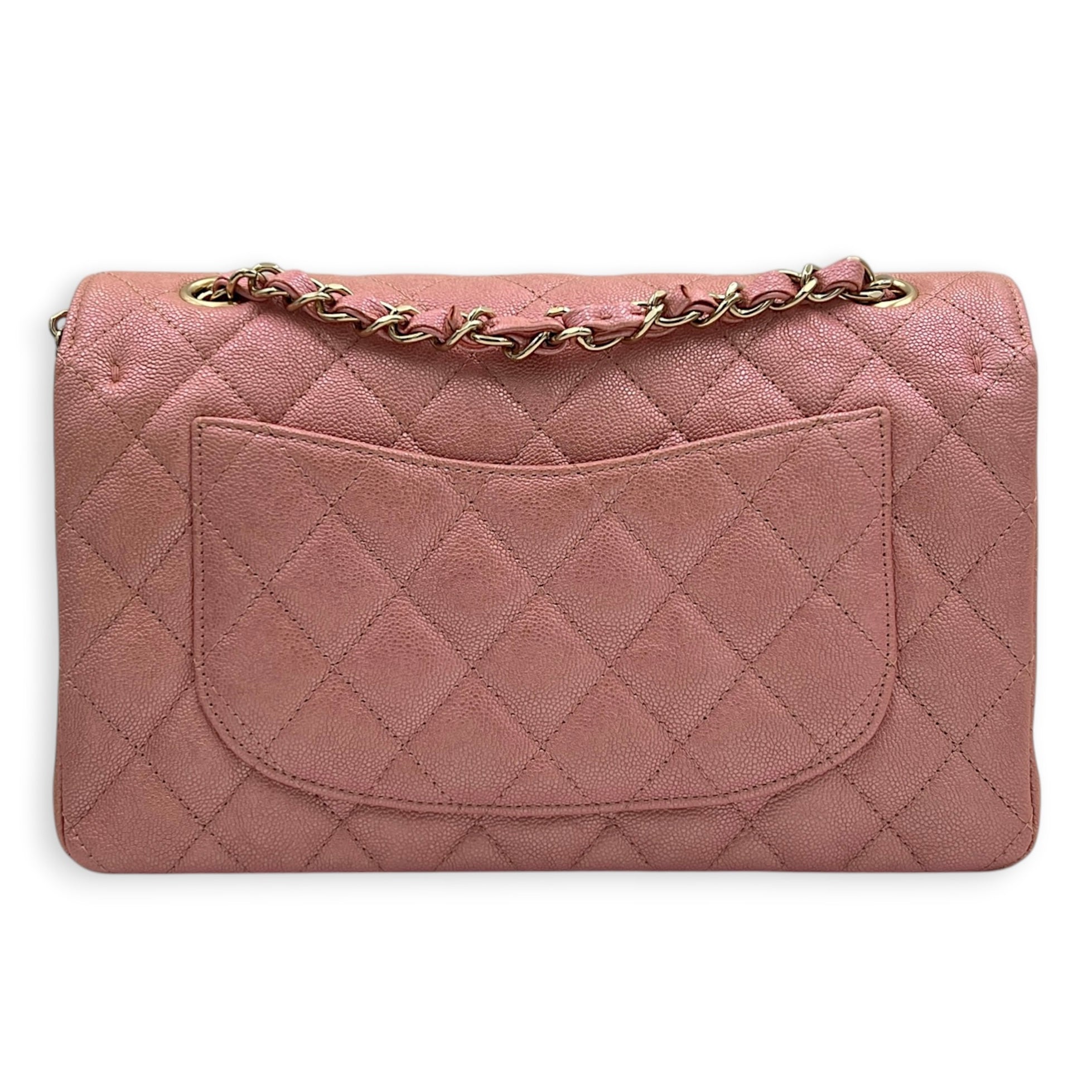 Classic Double Flap Small Iridescent Pink Shoulder Bag in Caviar Leather, Gold hardware