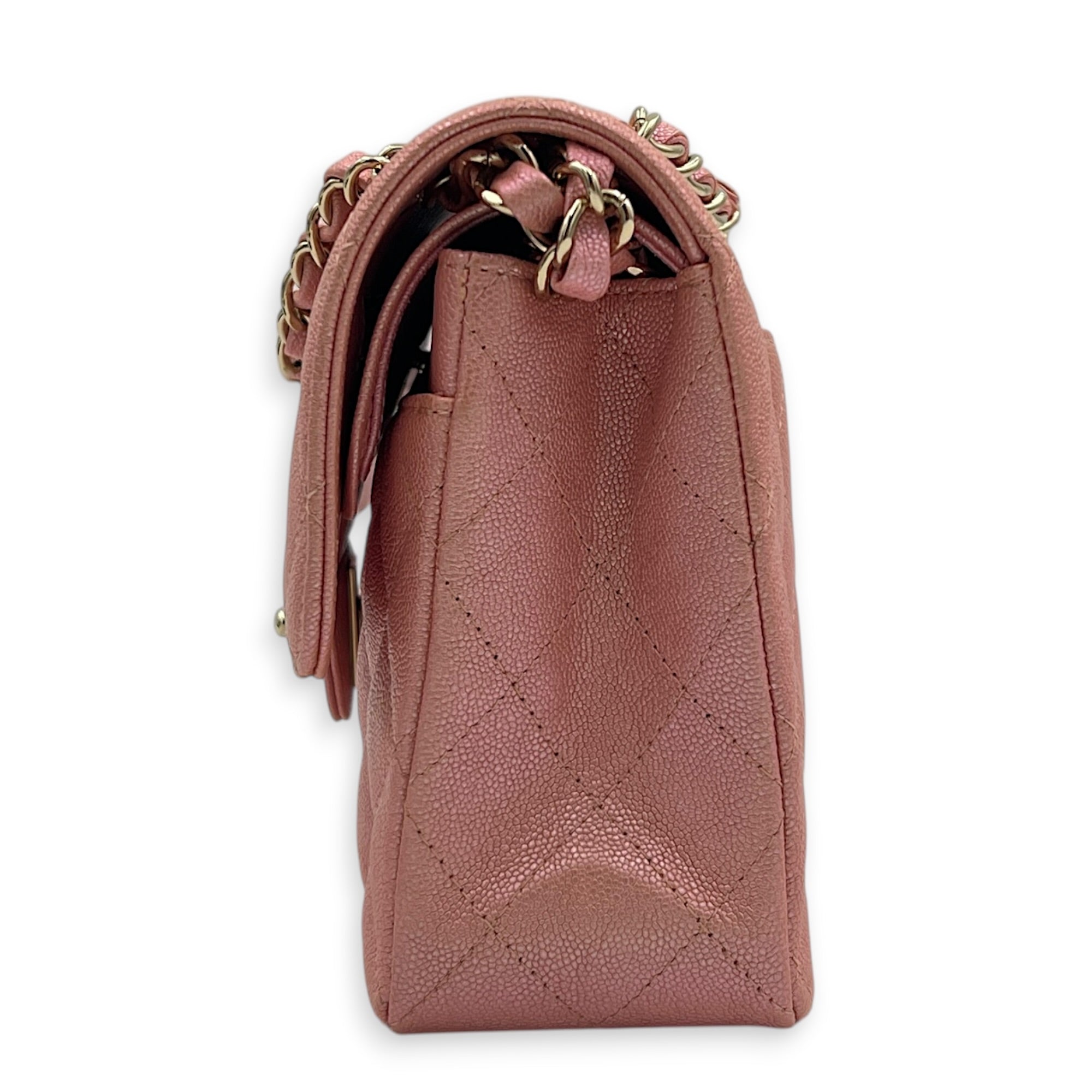 Classic Double Flap Small Iridescent Pink Shoulder Bag in Caviar Leather, Gold hardware