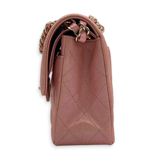 Classic Double Flap Small Iridescent Pink Shoulder Bag in Caviar Leather, Gold hardware