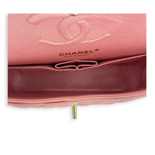 Classic Double Flap Small Iridescent Pink Shoulder Bag in Caviar Leather, Gold hardware
